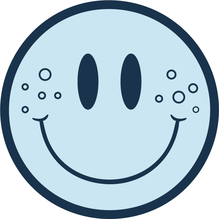 A digital illustration of a smiling face with a circular shape, black oval eyes, and a wide curved mouth, with small circles resembling acne on a light blue background.