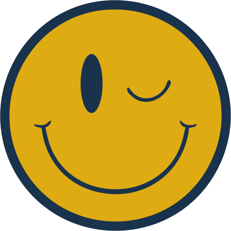 Yellow smiling face emoji with one eye winking and a big smile, outlined in dark blue.
