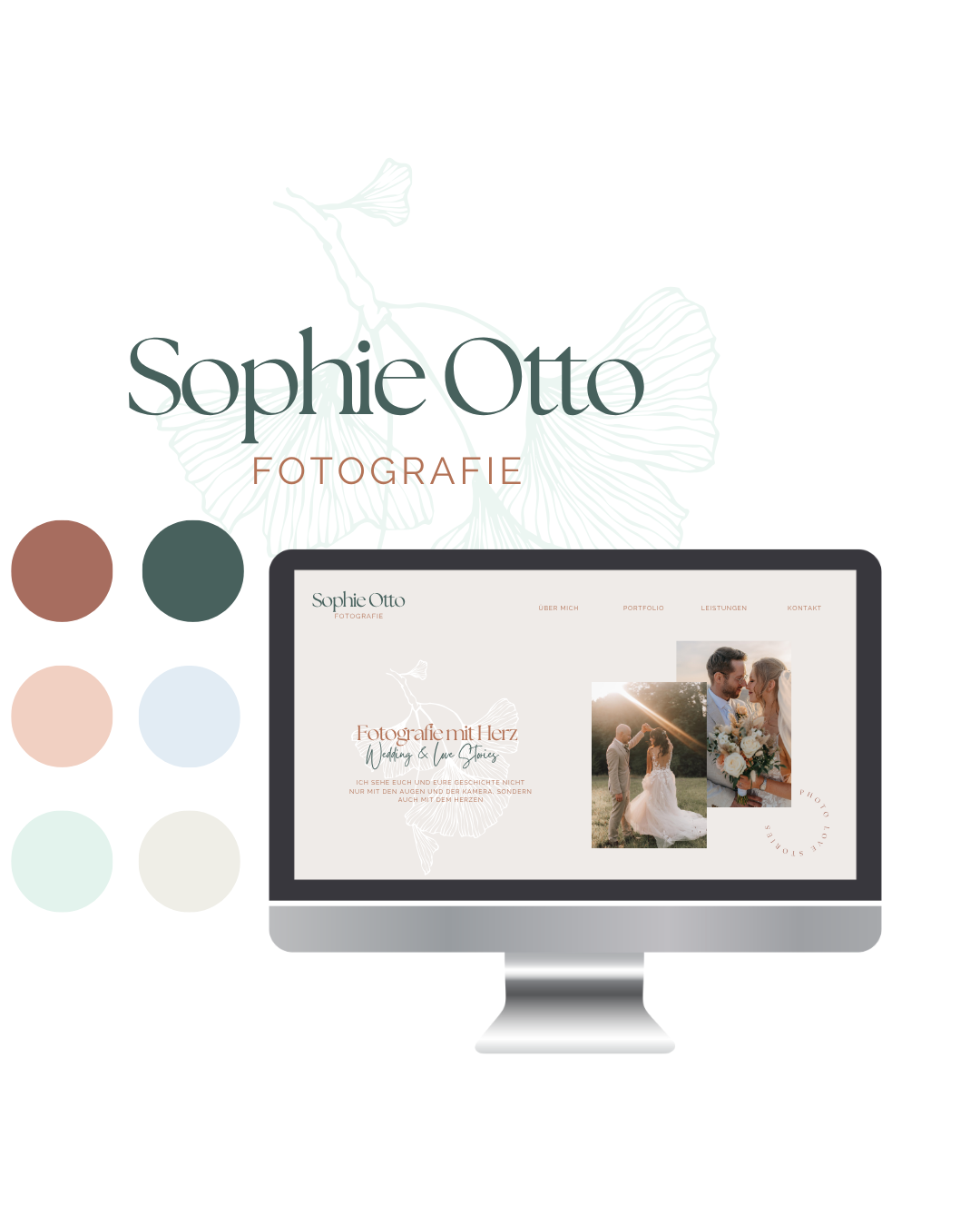 A digital illustration of a photography website homepage for Sophie Otto, featuring a computer monitor with wedding photos, and a pastel-colored palette of six circles around the monitor.