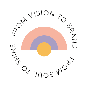 Circular logo with text arcing around it, reading 'From Vision to Brand, From Soul to Shine.' Contains three concentric semi-circles in peach, purple, and yellow.