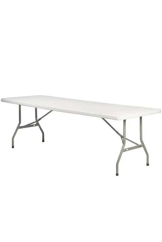 White folding table with metal legs on a white background.