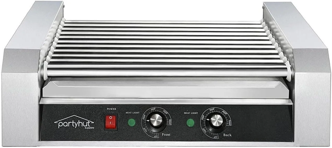 A stainless steel electric crepe maker with adjustable temperature controls and a heating surface.