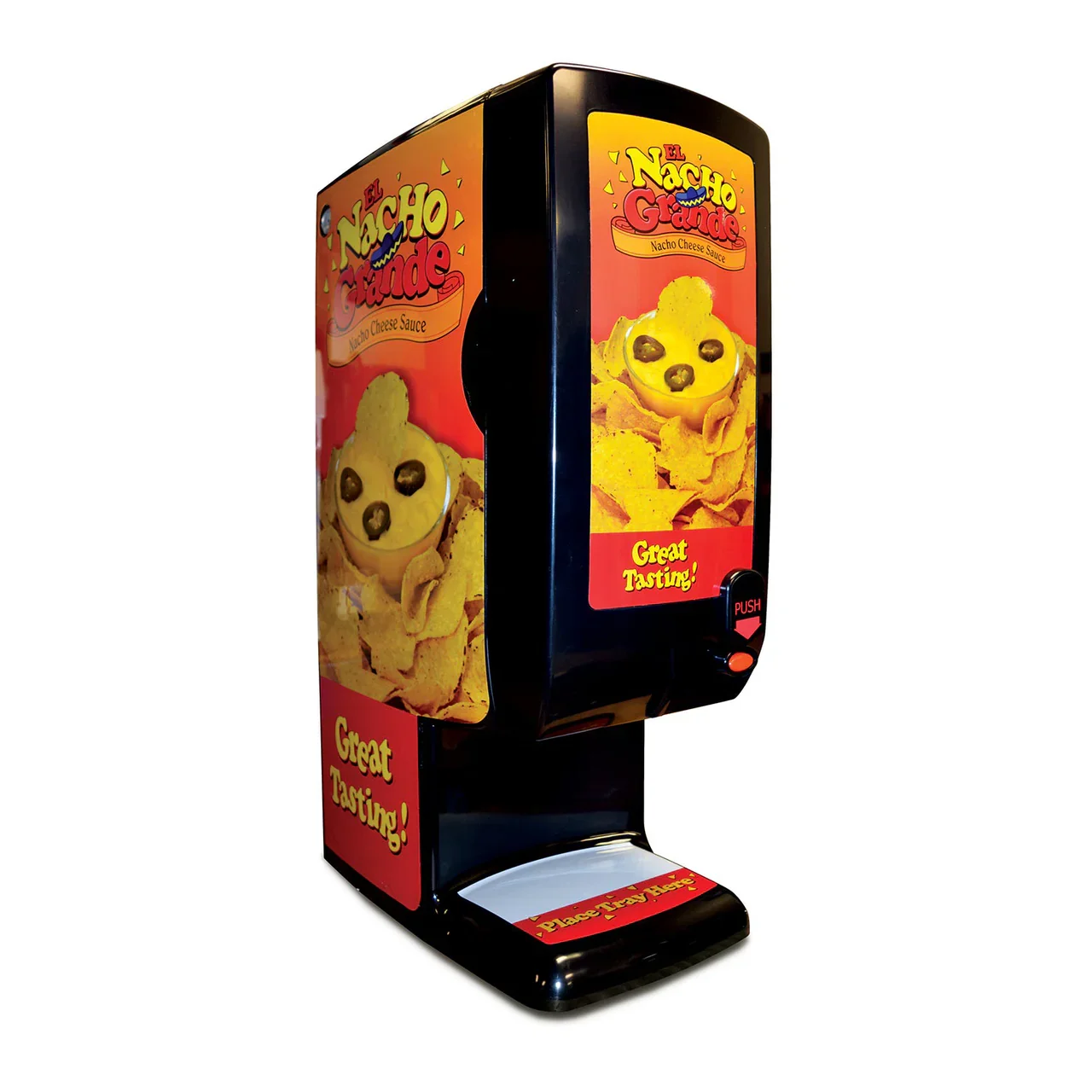 Vending machine with Nacho Grande cheese sauce and tortilla chips, labeled 'Great Tasting'.