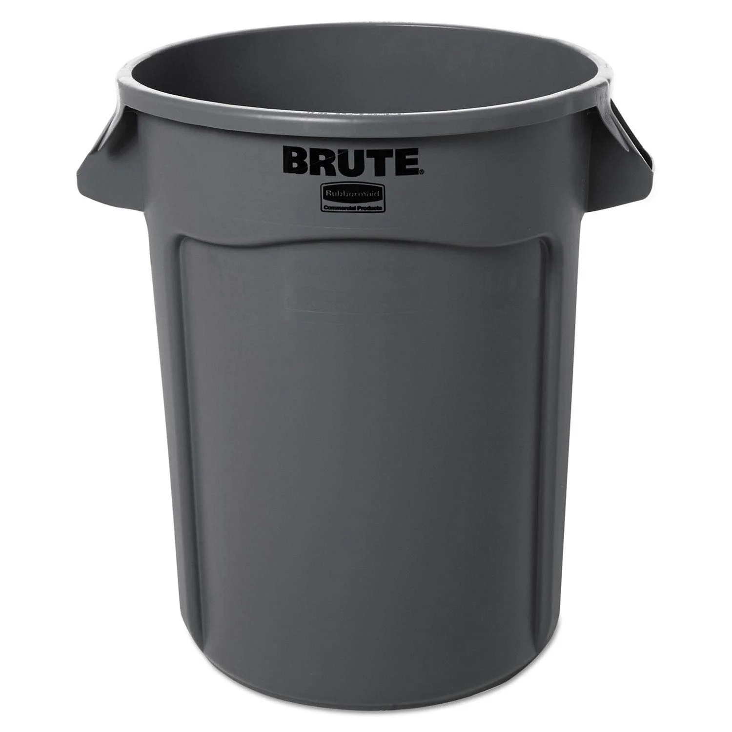 Gray trash can with black lid opening, labeled 'BRUTE' by Rubbermaid.