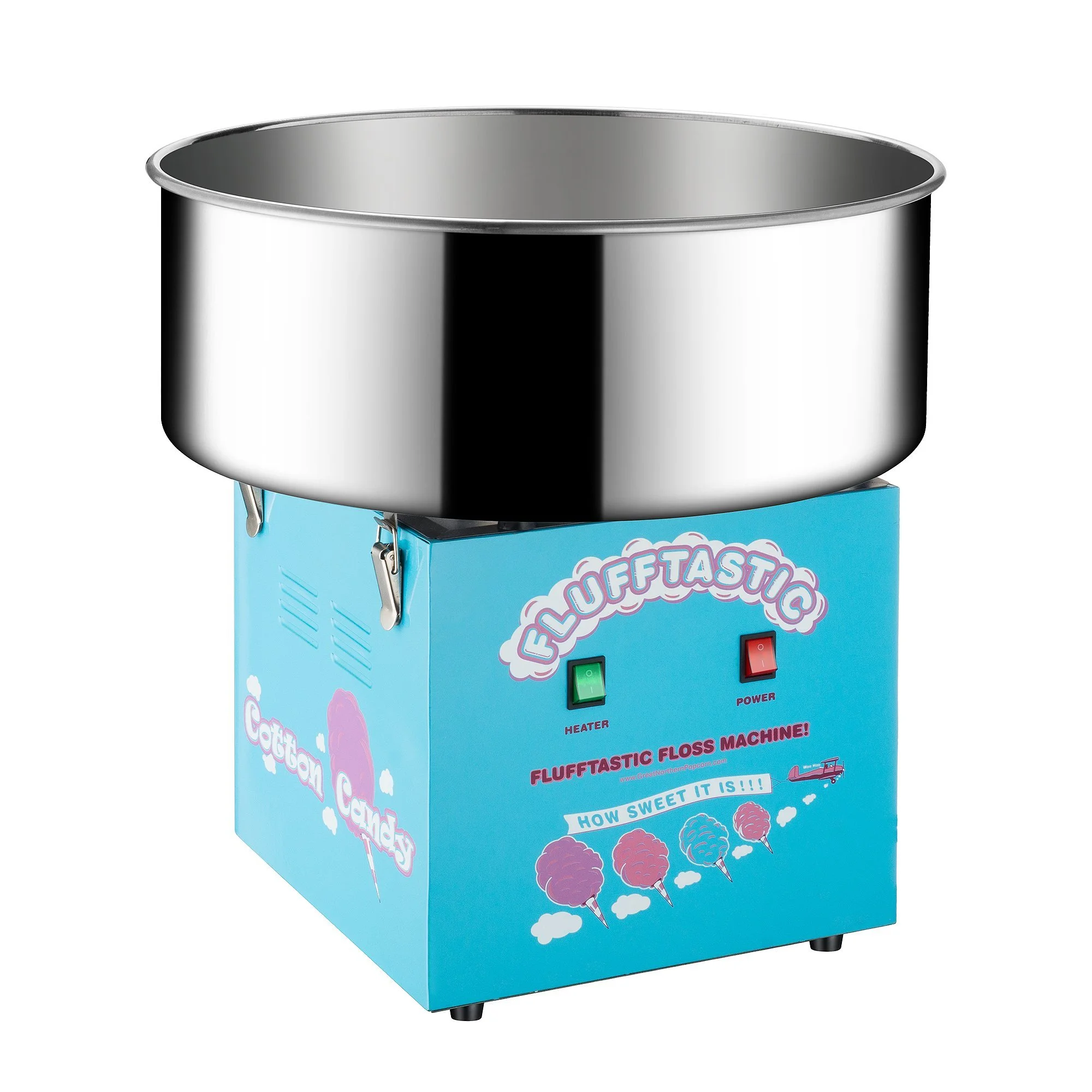 Blue Flufftastic Floss Machine with a metal scoop on top, labeled with fun graphics and text such as "How sweet it is!" and "Cotton Candy".