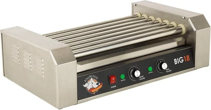 Electric hot dog roller grill with stainless steel rollers, control knobs, and a power switch, branded 'Big 18' and featuring a cartoon hot dog logo.
