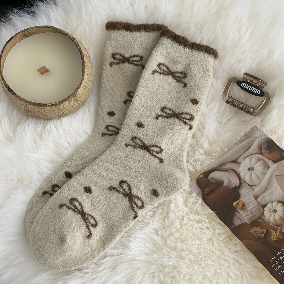 Embroidered Bow Polka Dot Plush Socks
