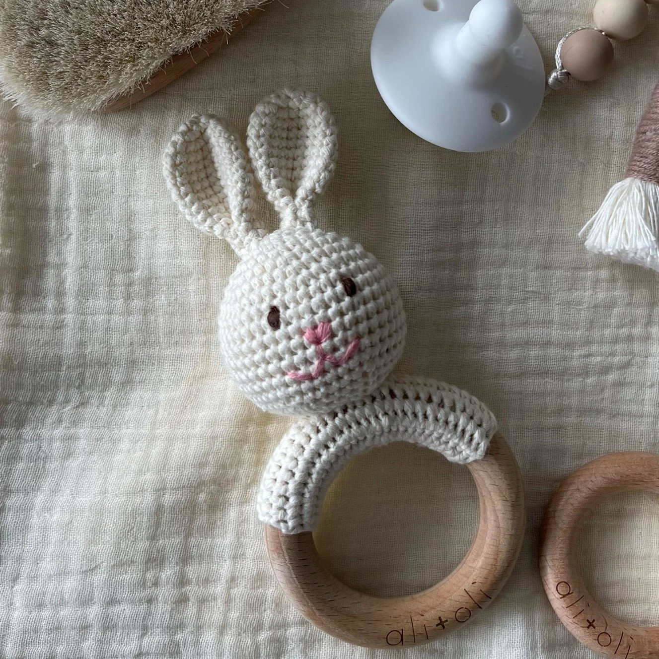 Crochet Bunny Wooden Ring Baby Teether Rattle