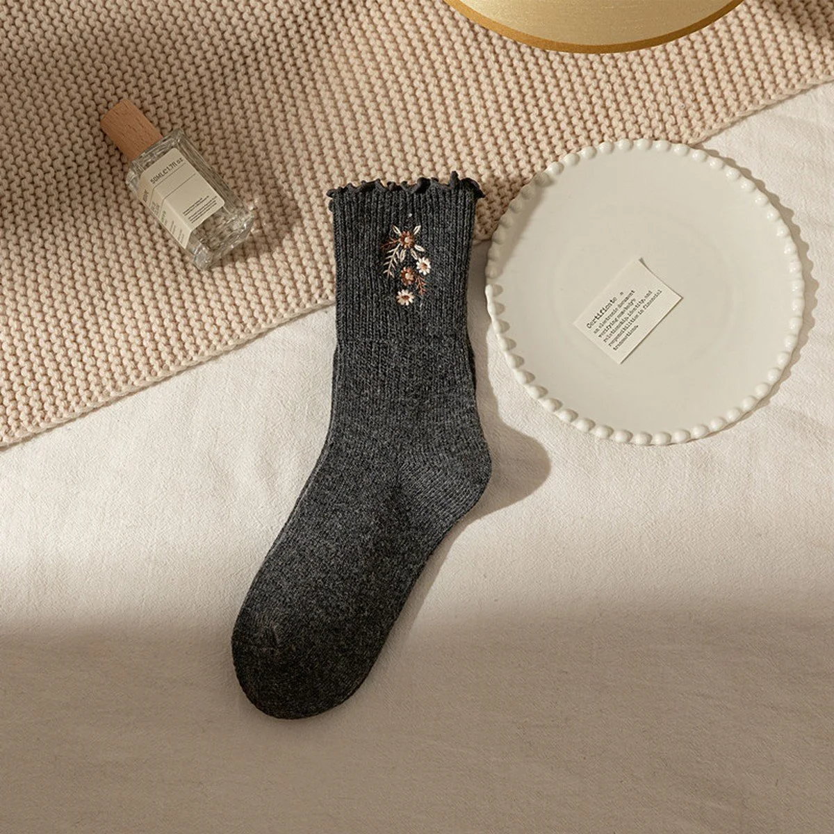Flower Embroidered Plush Socks