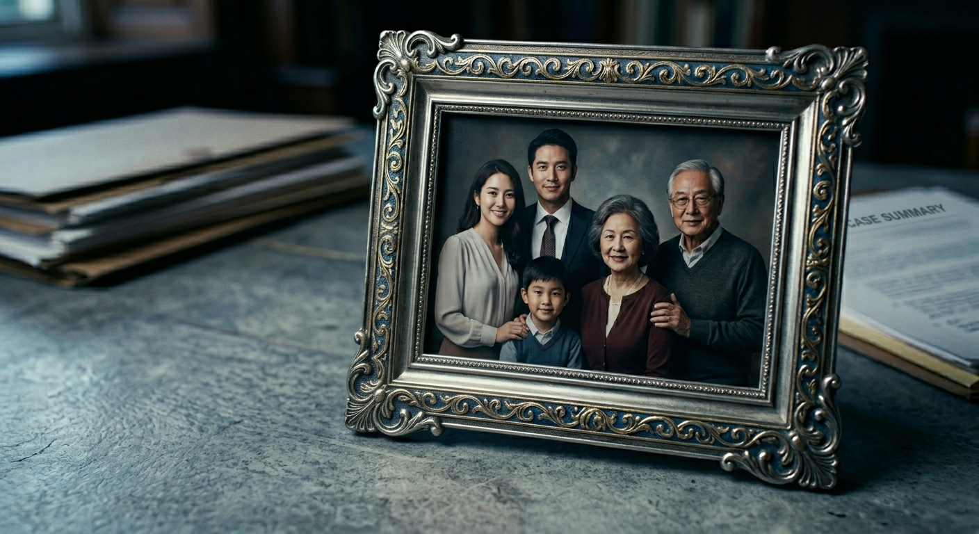 framed family portrait on table with documents and files in the background.