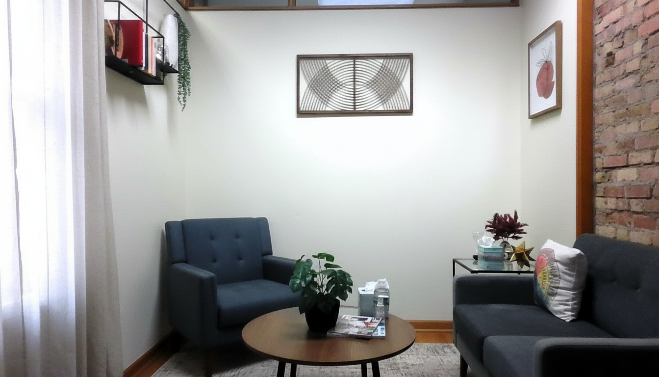 A cozy living room with a blue armchair, a gray sofa with a colorful pillow, a wooden coffee table with a plant, water bottles, and magazines, and a side table with decorative items and tissues. The room has brick and white walls with wall art, including a framed leaf illustration.