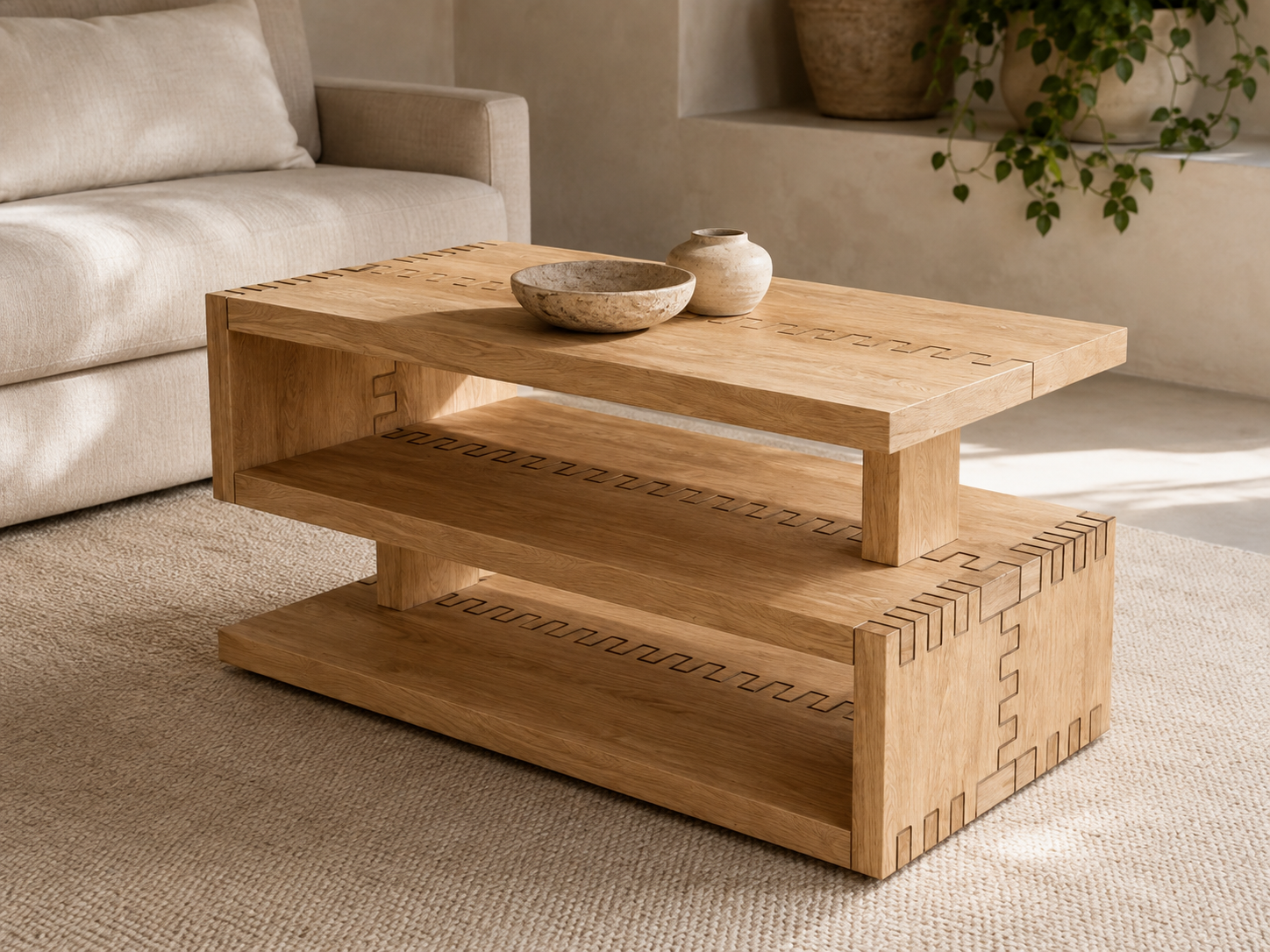 A wooden coffee table with a natural finish and decorative dovetail joints, placed on a beige carpet next to a light-colored sofa. The table has two levels and is decorated with a stone bowl and a small stone vase. In the background, a niche with potted plants is visible.