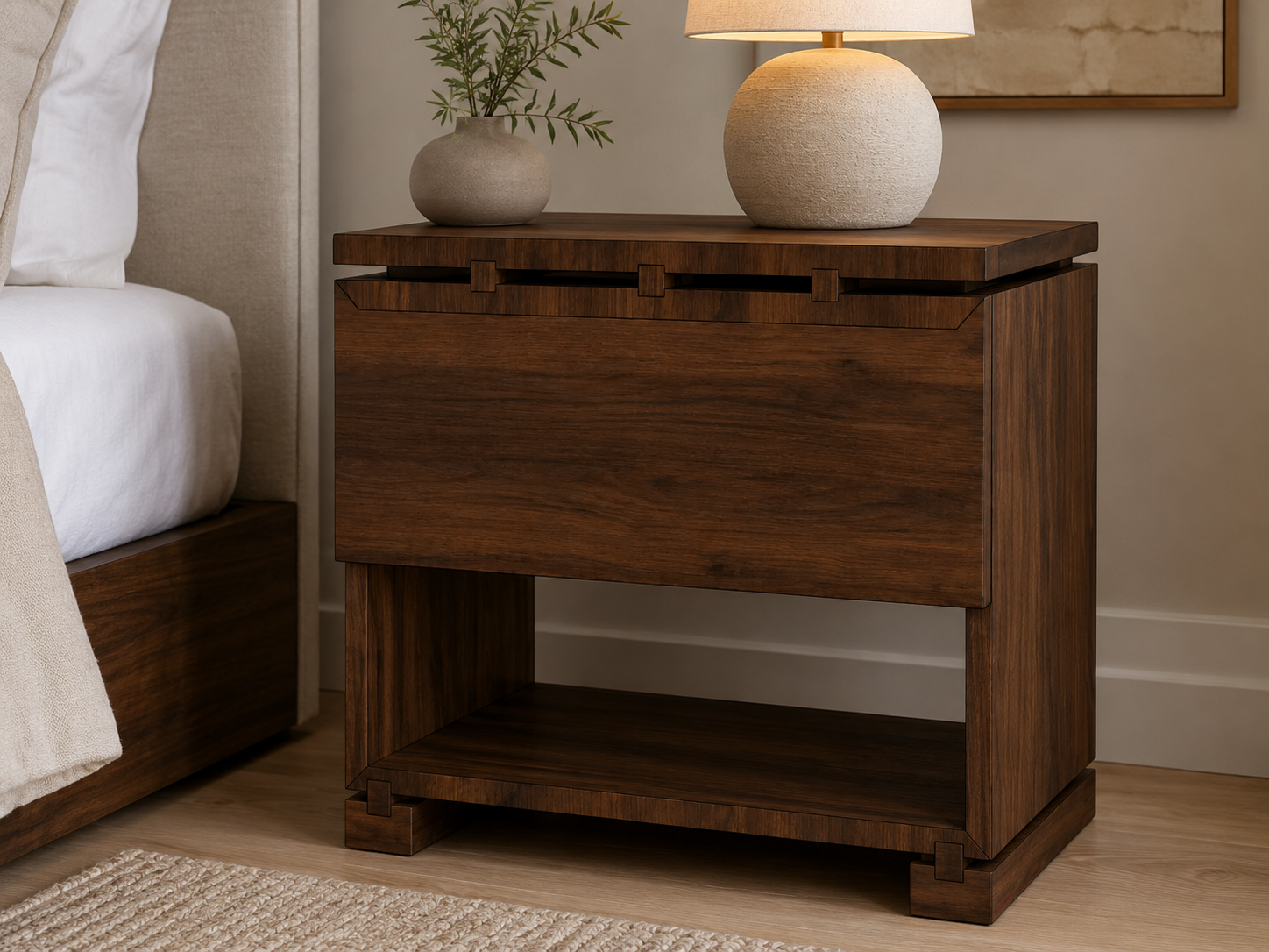Wood nightstand with a lamp and a potted plant on top, next to a bed with white linens in a bedroom setting.