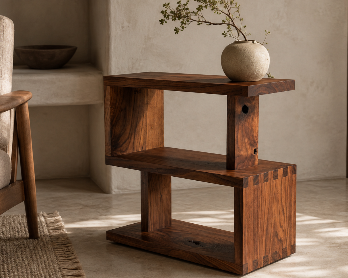 A modern wooden side table with geometric open design, placed next to a beige sofa with a cream woven rug nearby, and decorated with a round ceramic vase with branches, in a minimalist room with neutral walls.