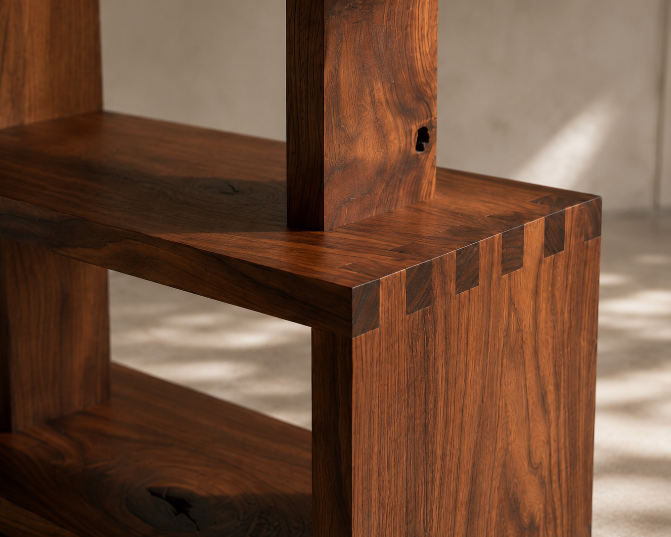 Close-up of a wooden bookshelf with a dovetail joint design on the edge, made of polished dark wood.