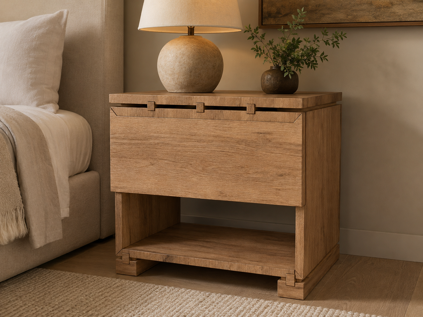 A wooden bedside table with a closed drawer and open shelf, topped with a beige lamp and a dark vase with greenery, beside a bed.