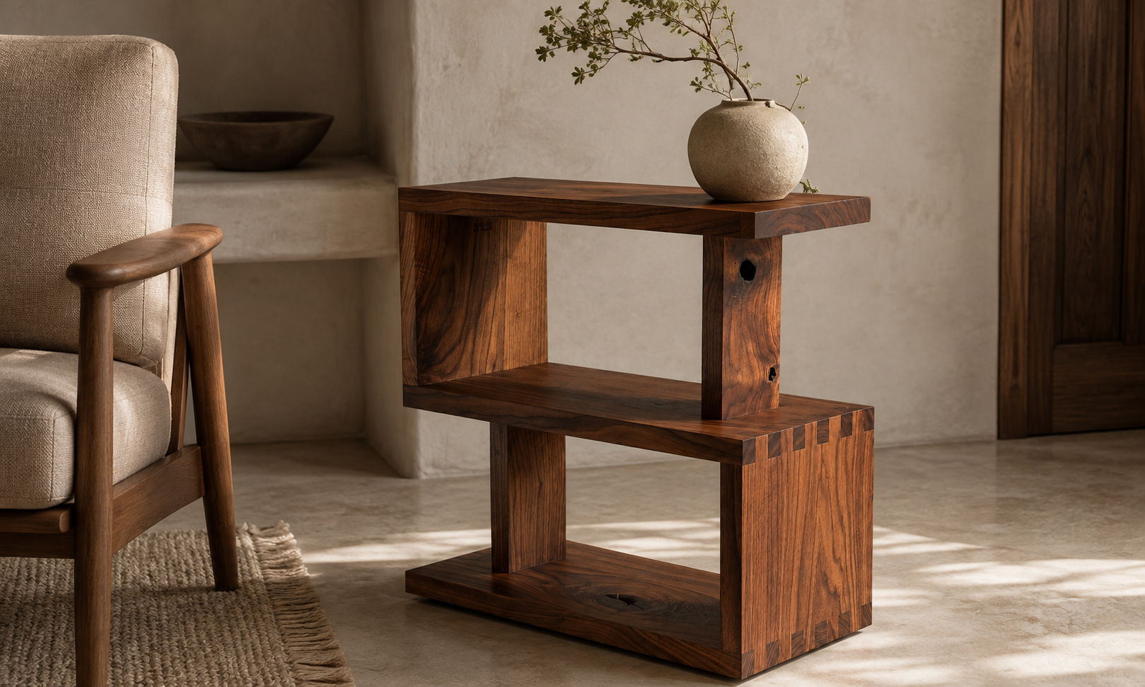 A wooden side table with a round beige vase and branch with small green leaves on top, positioned in a minimalist living space with neutral tones.