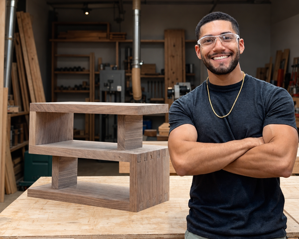 A smiling man wearing safety glasses and a gold chain stands in a woodworking shop with his arms crossed next to a wooden shelf or small table made of light-colored wood, on a workbench.
