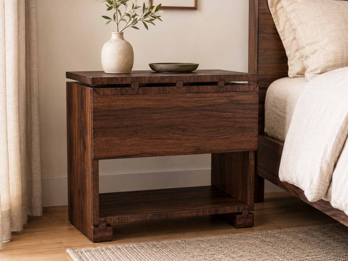 A wooden nightstand beside a bed with beige bedding. The nightstand has a decorative ceramic vase with green leaves and a small dark green bowl on top.
