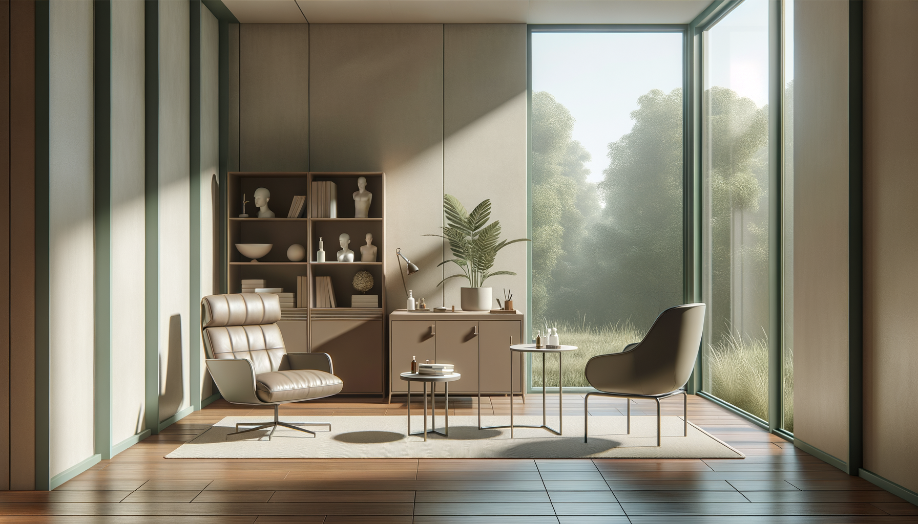 Modern office with two chairs, small side tables, a bookshelf filled with decorative items, a large window with greenery outside, a plant, and natural light.