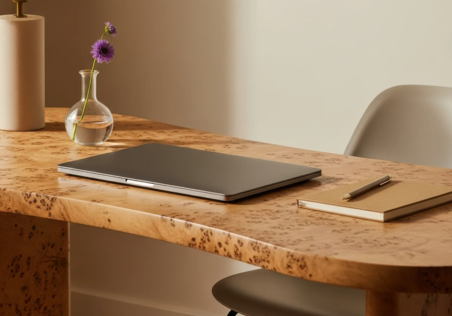 A wooden desk with a closed laptop, a notebook with a pen on it, a glass vase with purple flowers, and a beige cylindrical object.