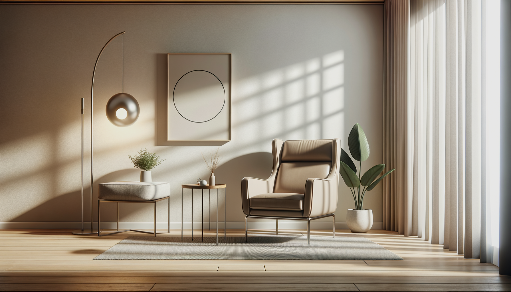 Minimalist living room corner with beige armchair, indoor plants, side tables, floor lamp, wall art, and curtains with sunlight streaming in