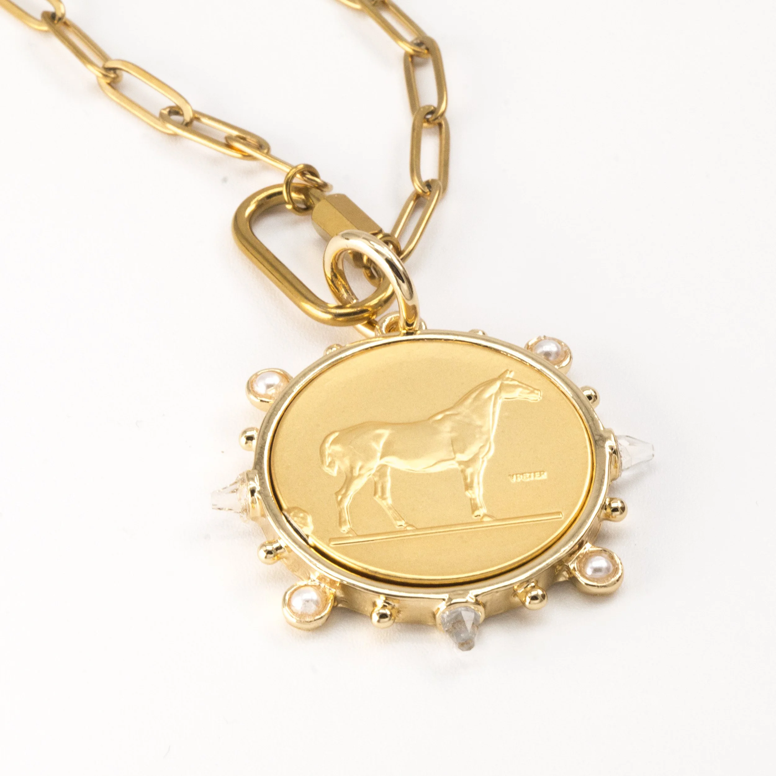 Horse Medalion Gold Necklace with Pearl and Crystal Accent Frame