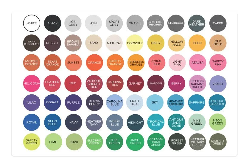 A color chart with various shades organized in a grid, each labeled with its color name, including white, black, grey tones, browns, reds, pinks, blues, greens, and other distinctive colors.