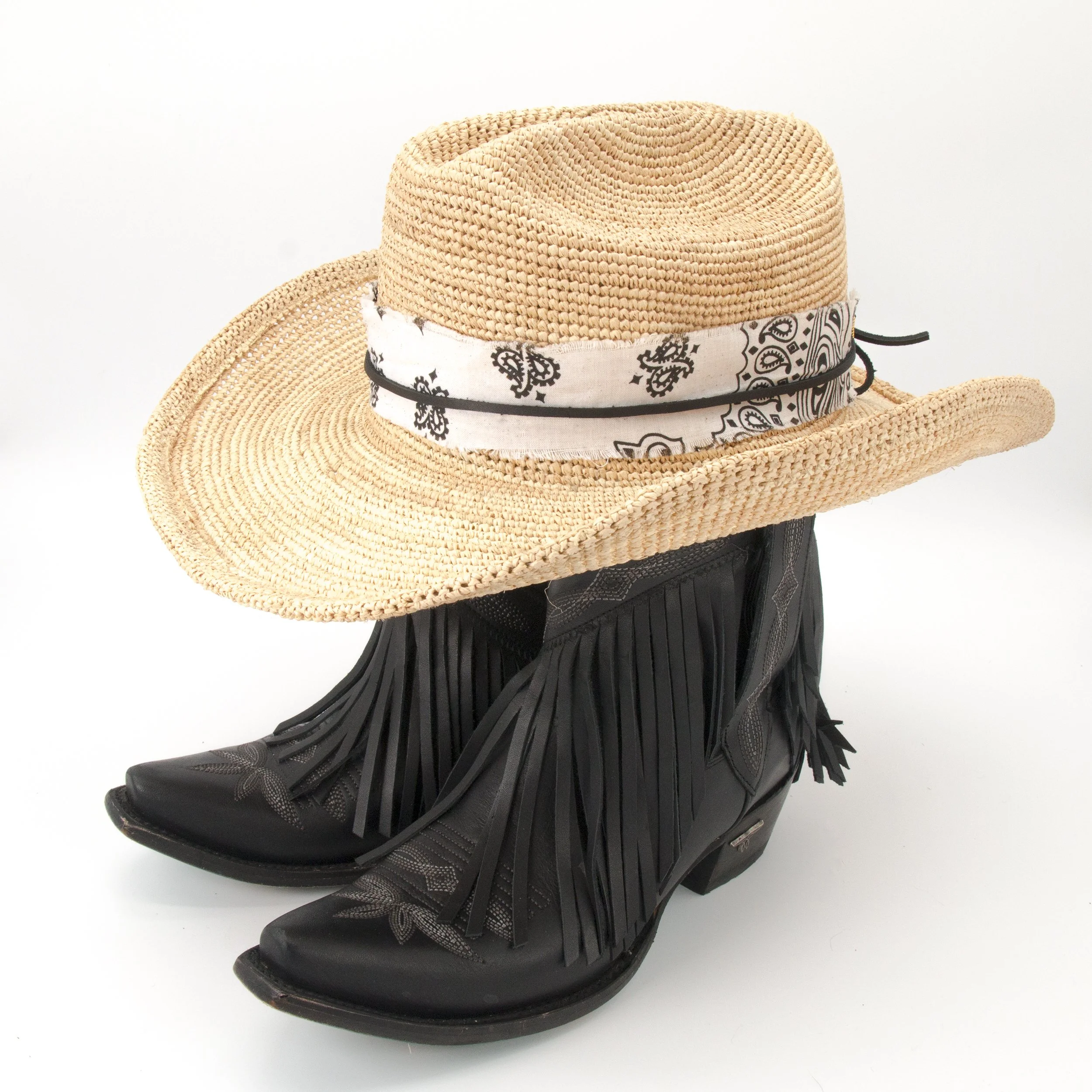 White Bandana Hat Band with Leather Accent