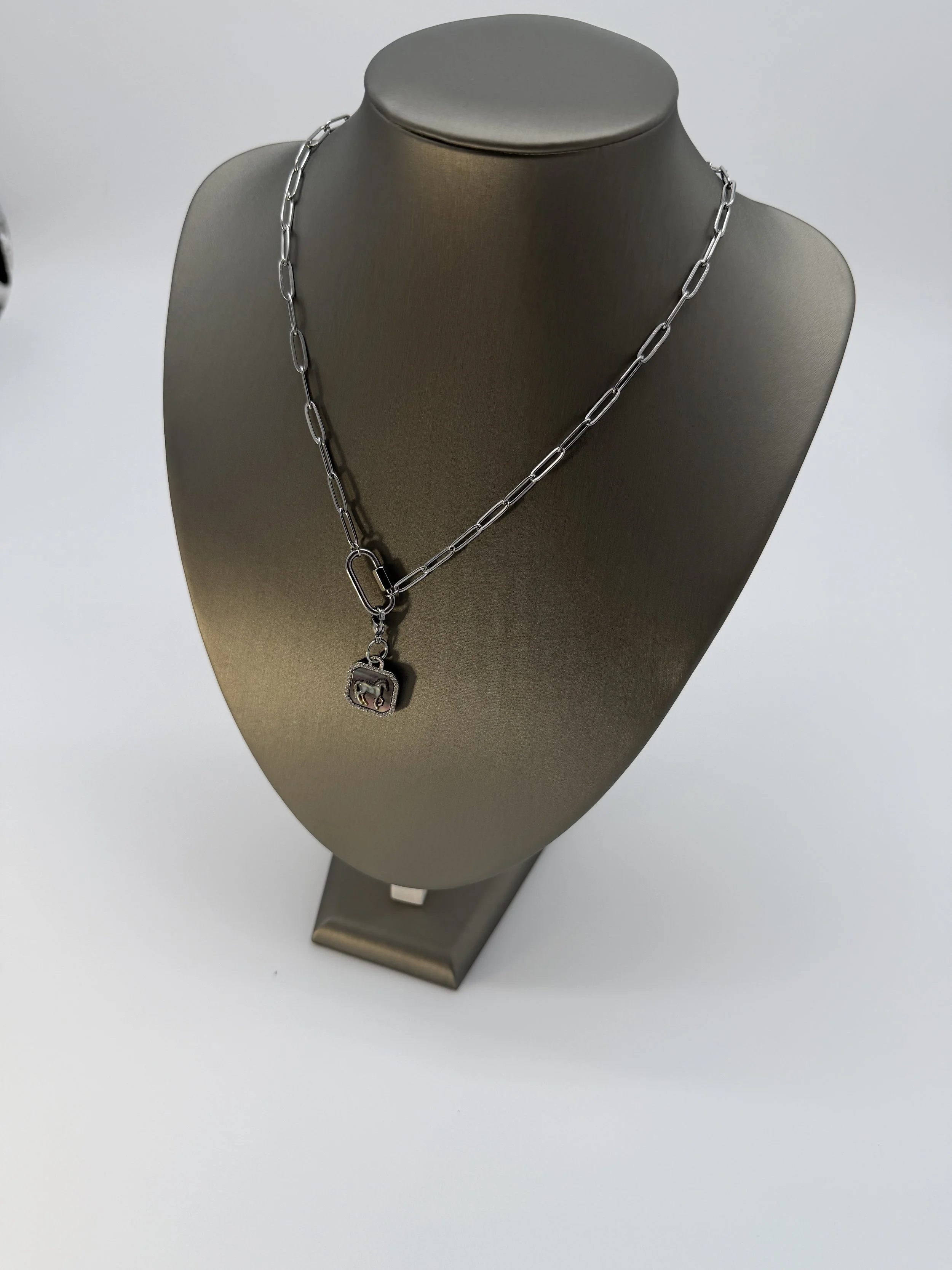 Mother of Pearl with Cubic Zirconia Frame Carabiner Charm Holder Necklace