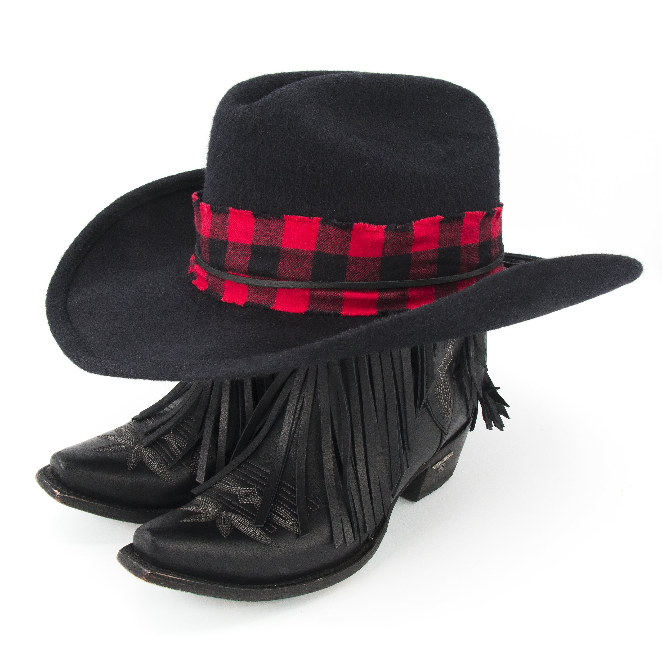 Buffalo Check Flannel Hat Band with Leather Accent