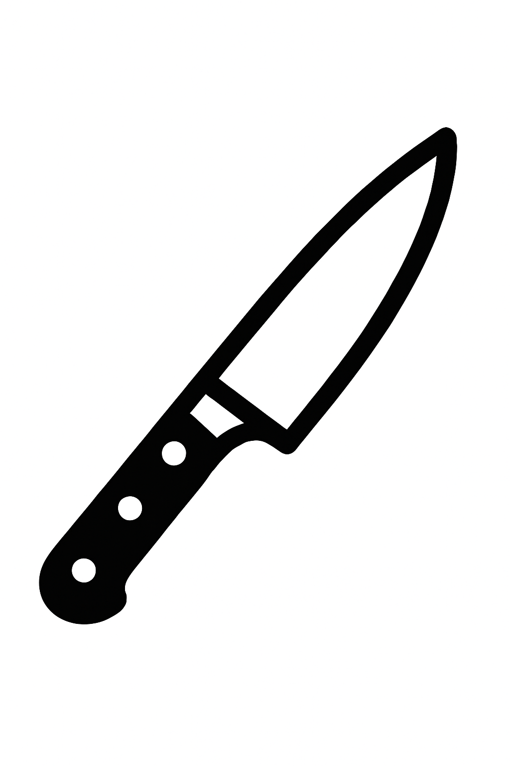 Black and white illustration of a kitchen knife with a curved blade and a handle with three rivets.