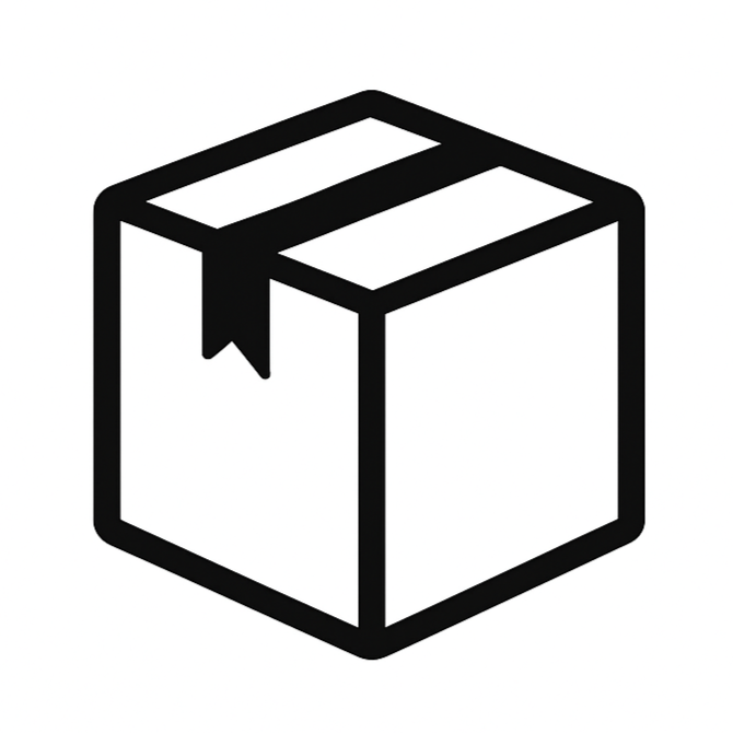 Simple black and white icon of a closed cardboard box with packing tape