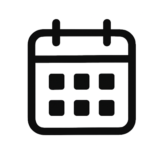 Black and white calendar icon with a grid of six squares.