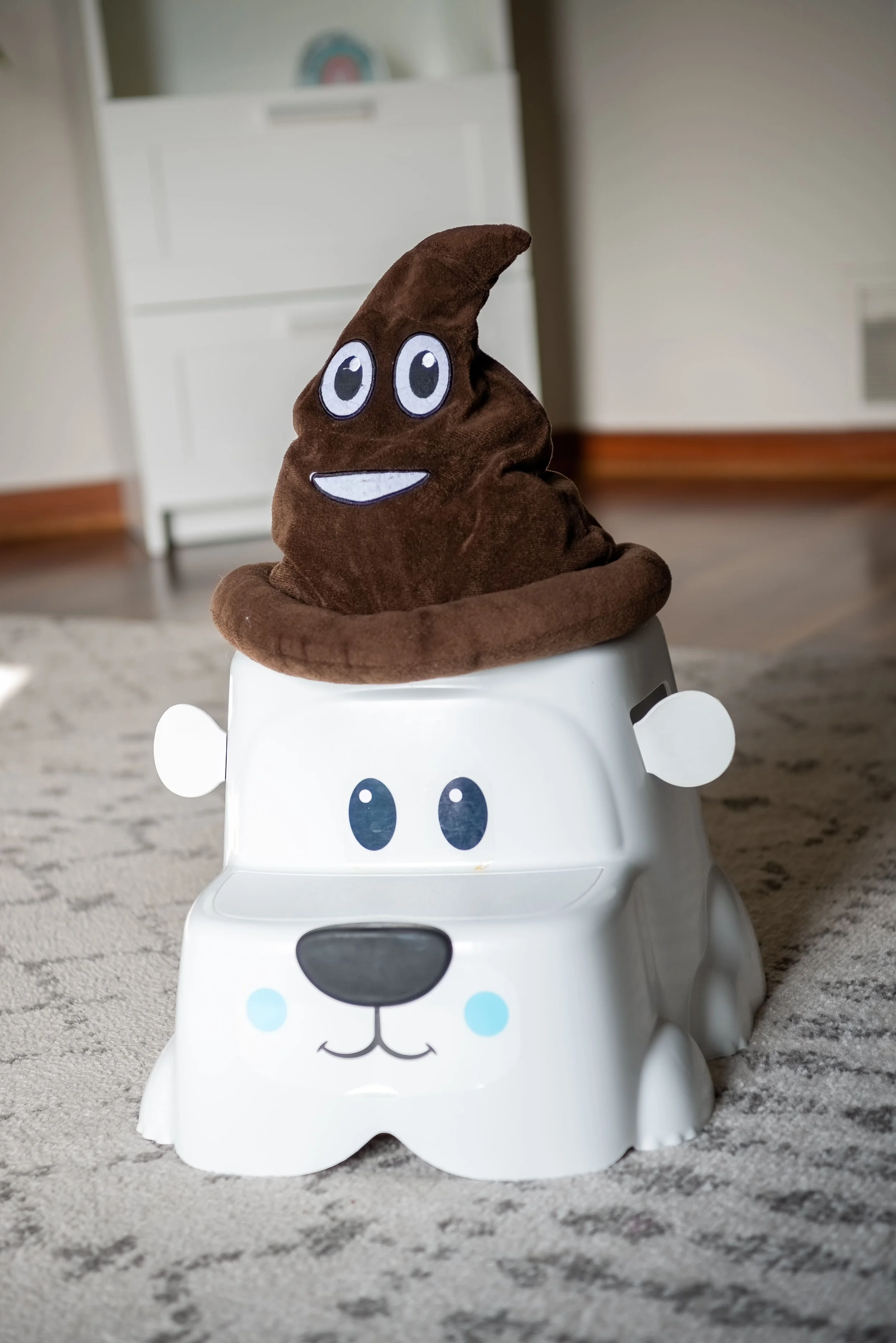 A white potty training seat designed to look like a cute dog with cartoon eyes and a nose, topped with a plush poop emoji pillow with cartoon eyes and a smiling mouth.