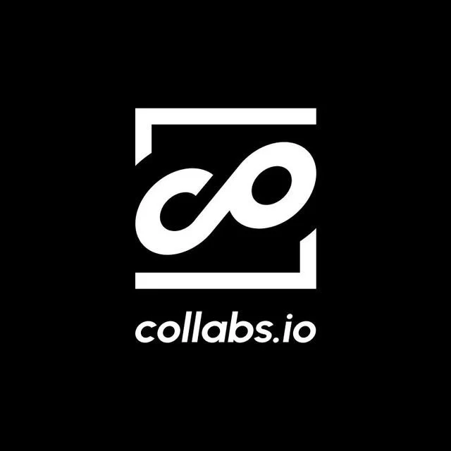 Logo of collabs.io with a black background, white infinity symbol inside a square, and the text 'collabs.io' below.