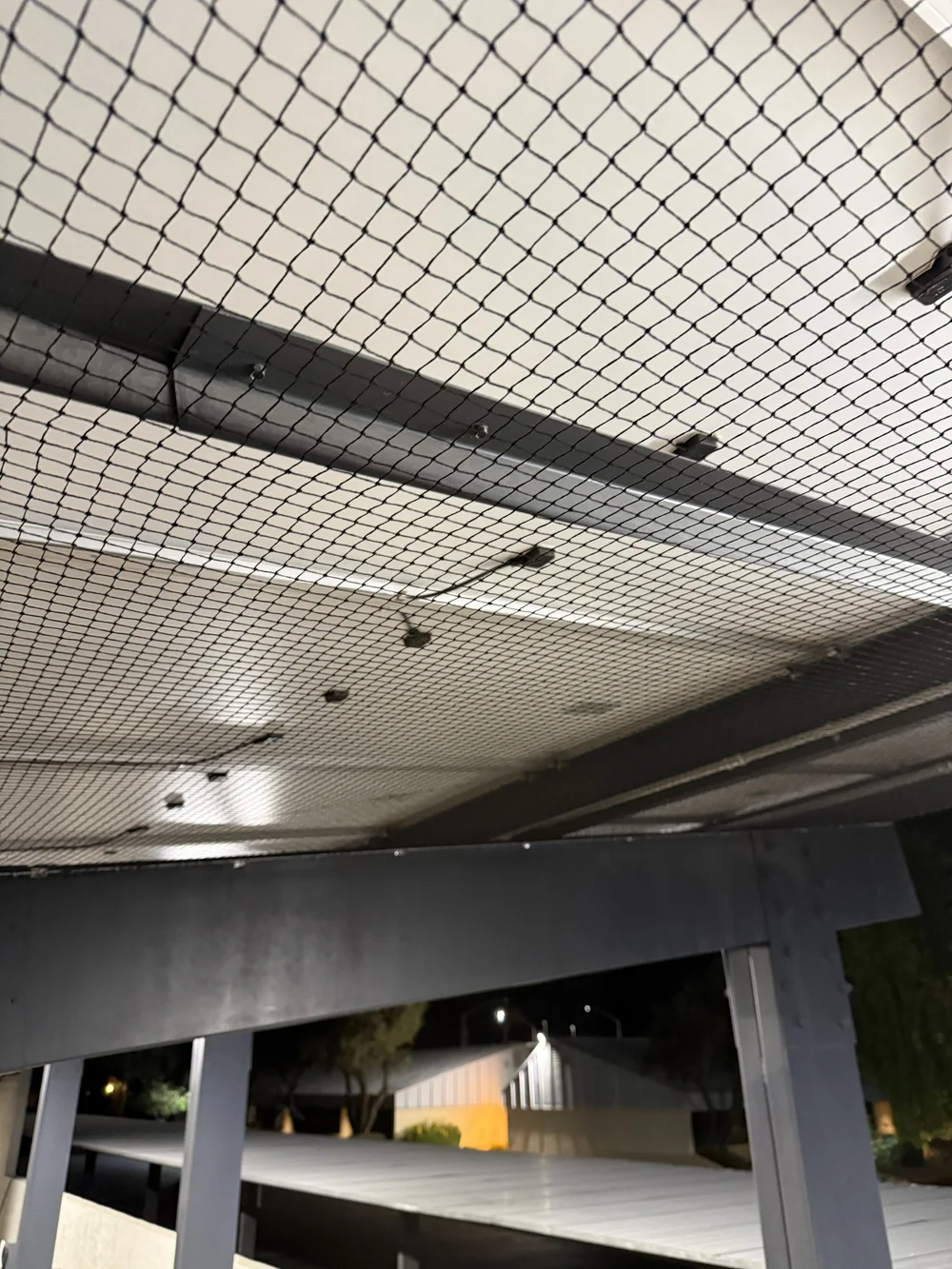 Bird netting installed beneath a solar parking structure to keep birds out of the covered area.