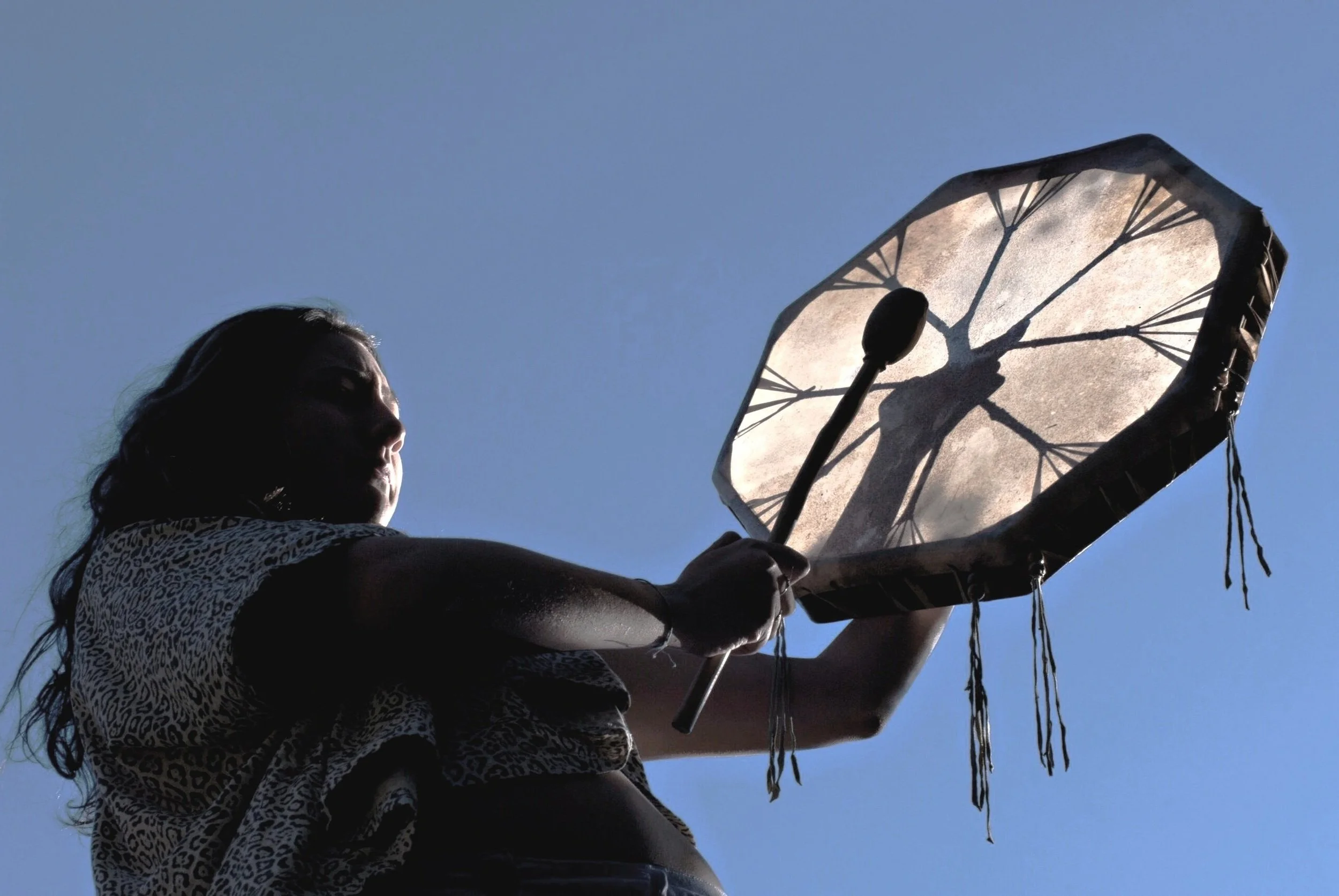 A woman holding a large, decorative umbrella against a clear blue sky, with her silhouette visible.