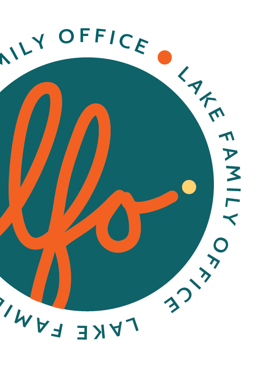 A circular logo with a dark teal background and the words "LAKE FAMILY OFFICE" repeated around the perimeter in light teal, with orange and yellow dots. The center features stylized orange text that appears to spell "FLO" or "Fly".