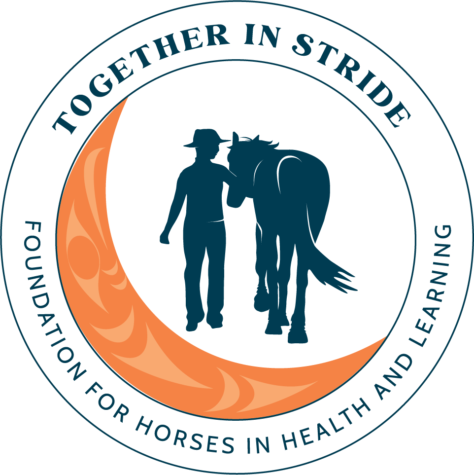 A circular emblem with a black background, featuring a person in western attire walking with a horse. The emblem includes a large orange crescent moon and the texts 'Together in Stride' at the top and 'Foundations for Horses in Health and Learning' at the bottom.