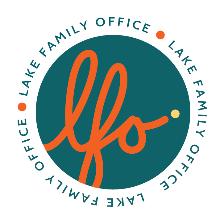 Logo with orange cursive text 'LFO' inside a teal circle, surrounded by the words 'Lake Family Office' repeated twice with small orange and yellow dots.