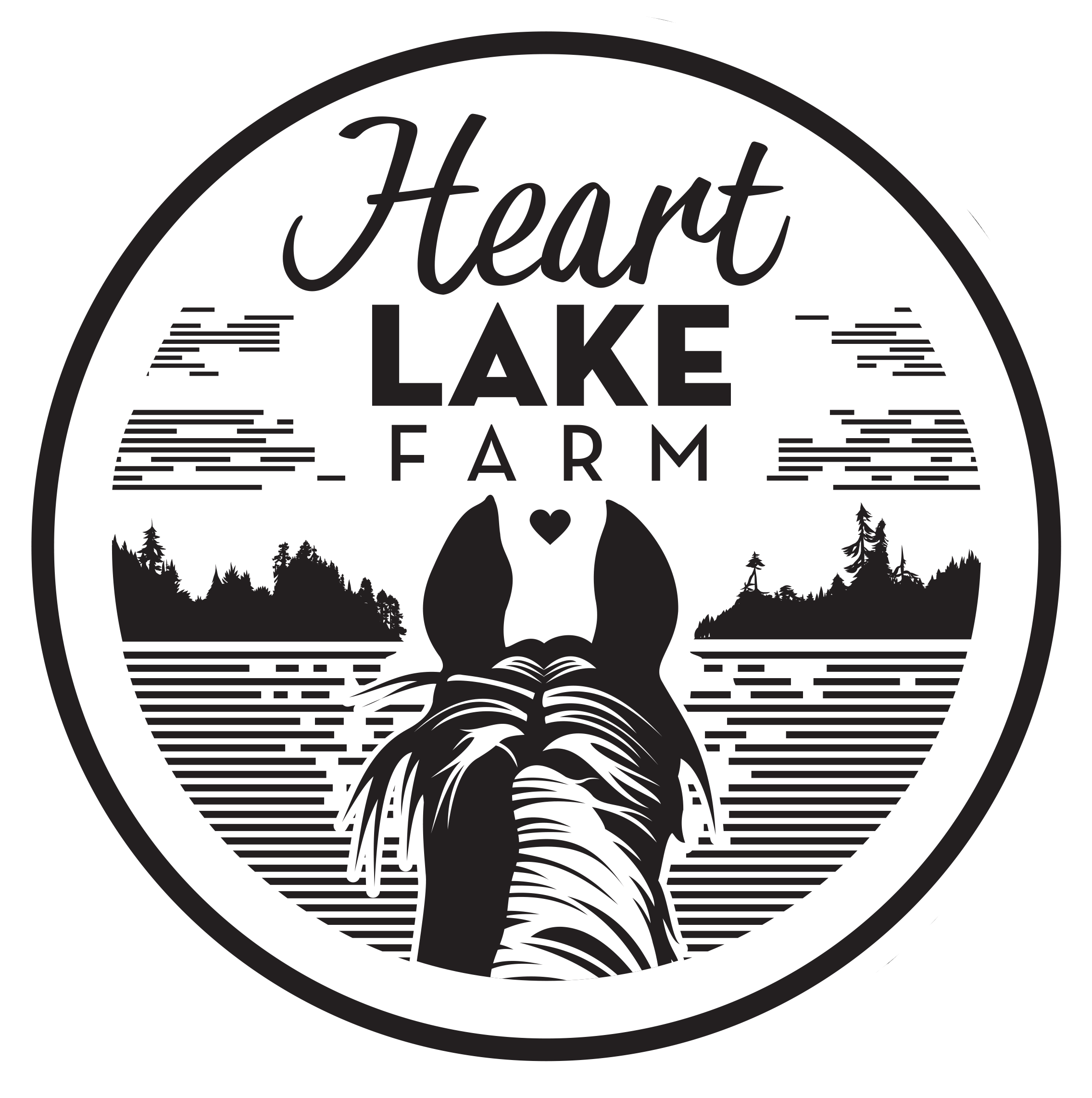 Logo for Heart Lake Farm featuring a stylized elephant head with a small heart between its ears, lake and forest scenery in black and white.