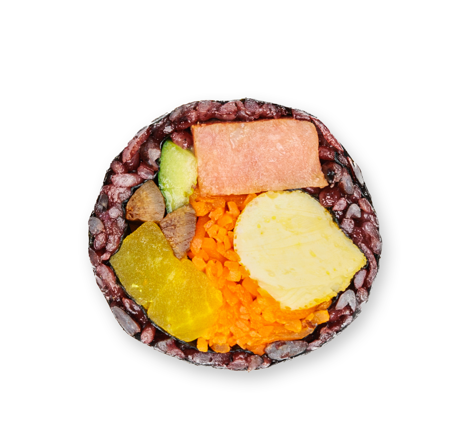 Cross-section of a sushi roll with black rice, containing avocado, cooked carrots, a white cheese-like filling, a pink fish or seafood slice, and other vegetables.