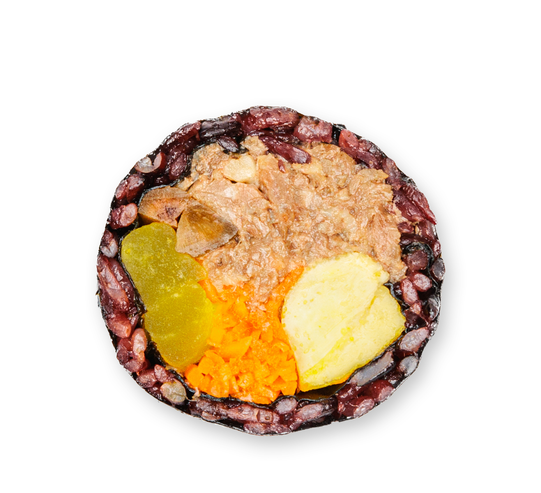 Cross-section of a vegetable and meat medley with black beans, potatoes, carrots, green beans, and ground meat in a round shape.