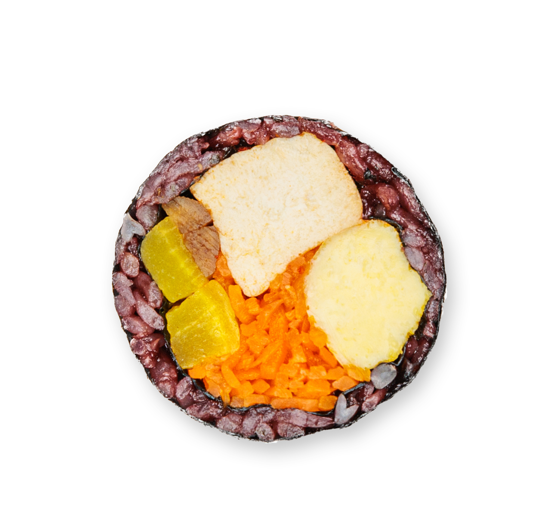 Cross-section of a sushi roll showing rice, pickled vegetables, and slices of tofu.