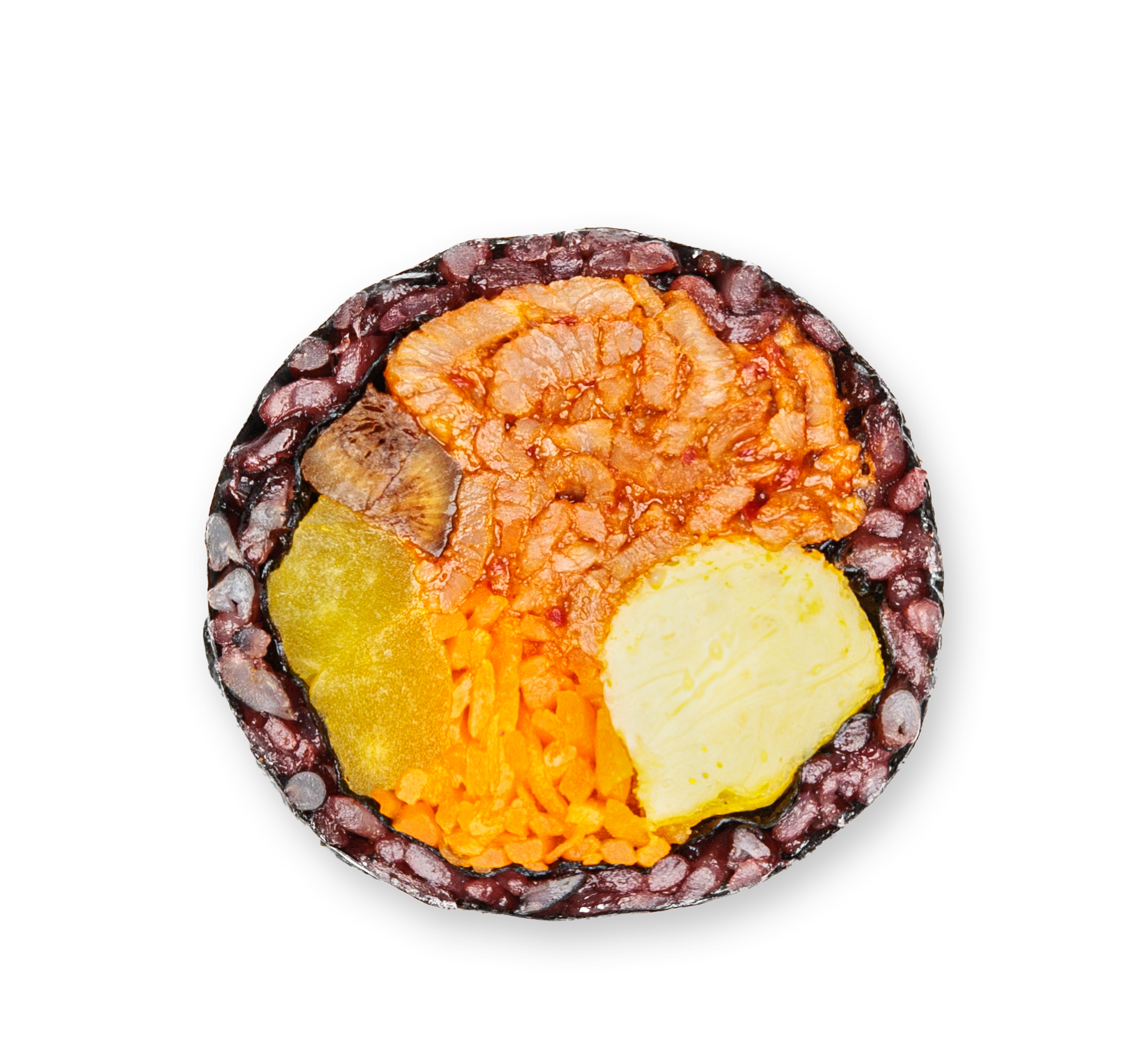 Cross-section of a multicolored Mexican tamale with beans, cheese, vegetables, and sauce inside.