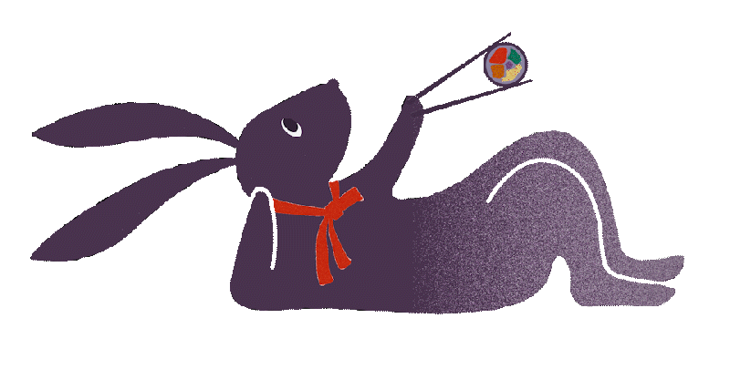A dark purple bunny with a red bow tie, holding a yo-yo with a colorful pattern, lying on its side.