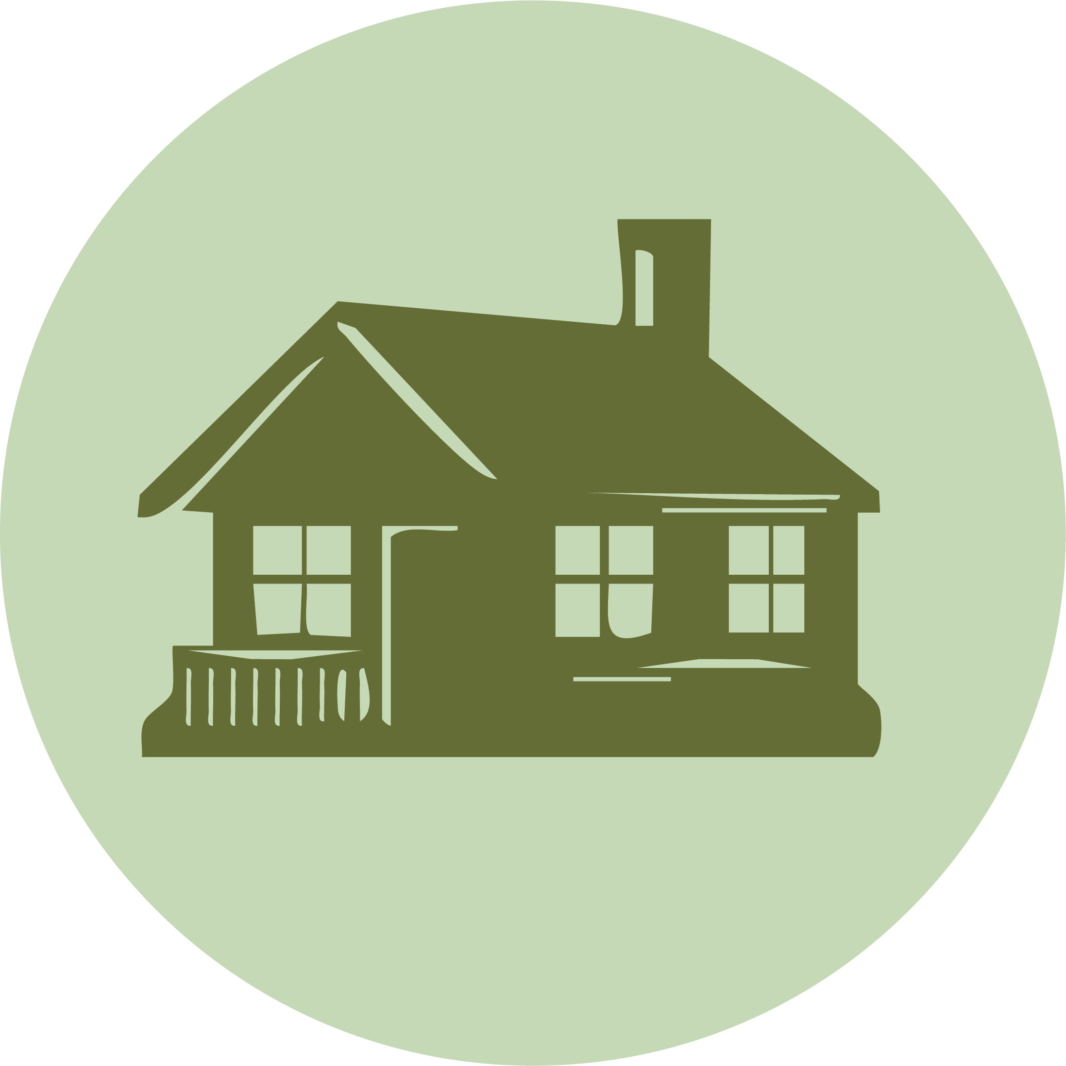 Illustration of a house with a porch, four windows, and a chimney, on a light green circular background.