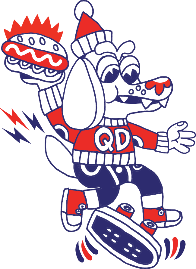 Quik Dog mascot  skateboarding while wearing a party hat and Christmas sweater, holding a marshmallow on a stick, with red and blue lightning bolts behind.