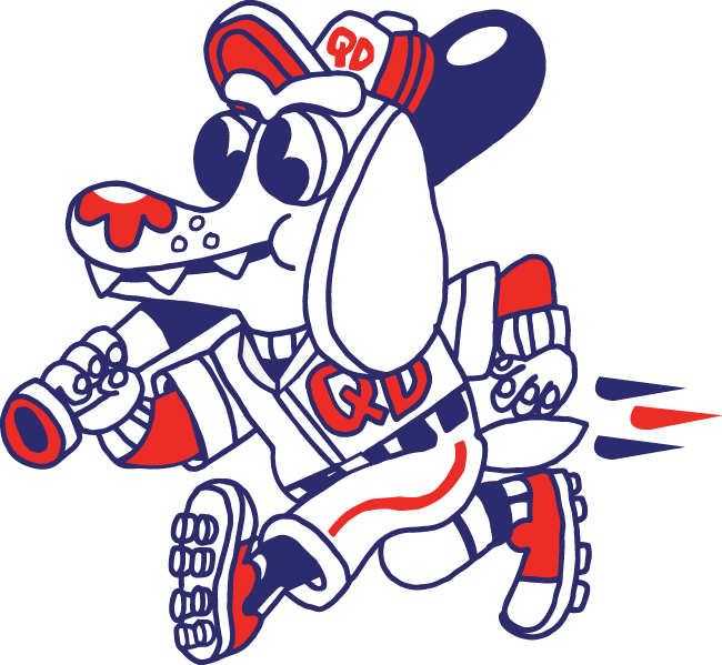 Quik Dog mascot in athletic gear with headphones, running with a joyful expression.